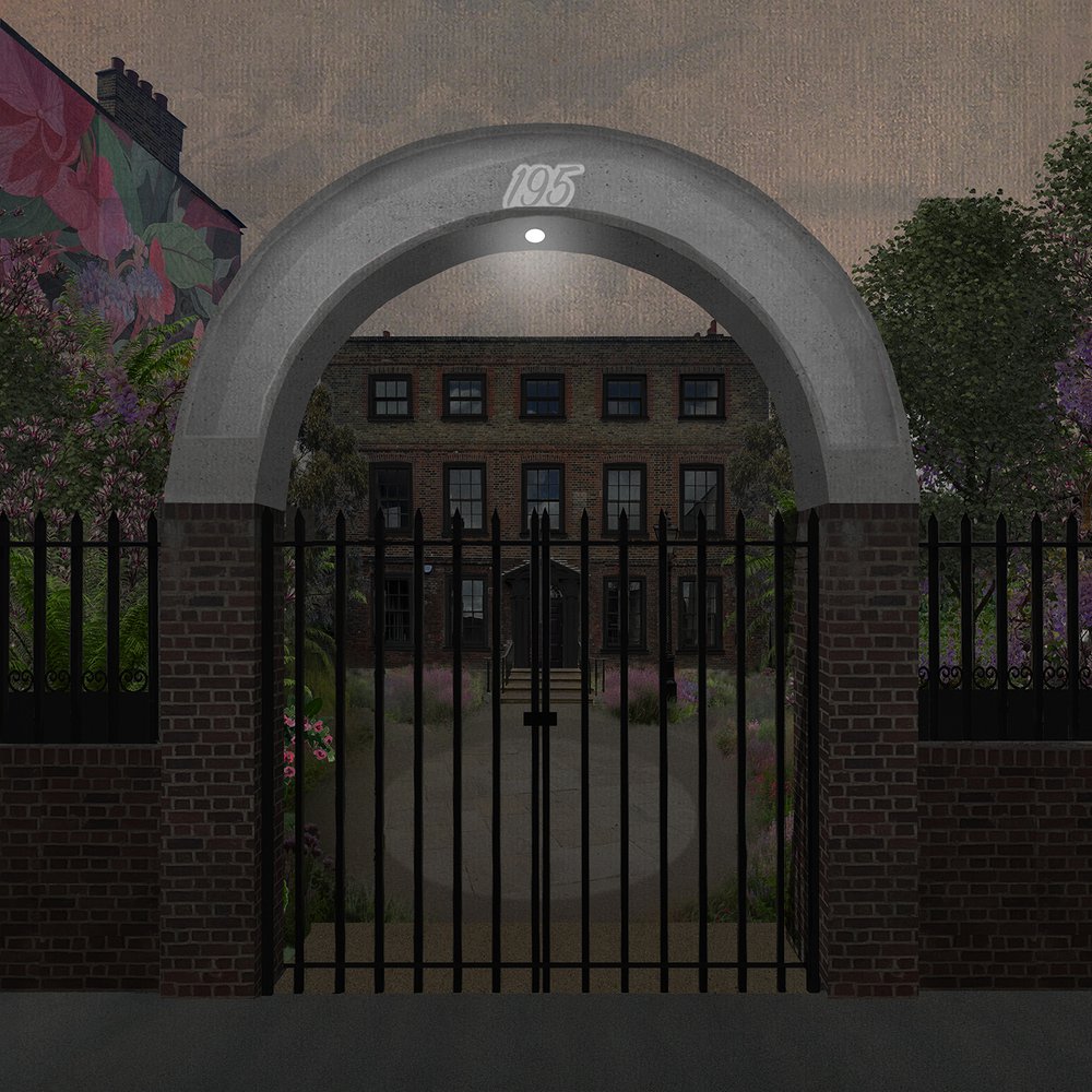 LO-RES FRONT GARDEN dusk - THROUGH GATE 2 concrete arch 2 with white electric sign.jpg